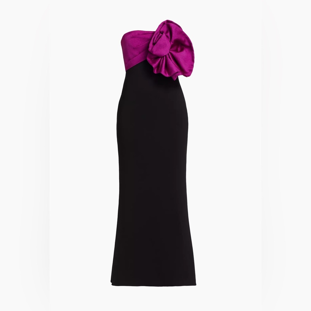 Badgley Mischka Rosette Strapless Cocktail Dress Amethyst Rose Black Skirt Gown